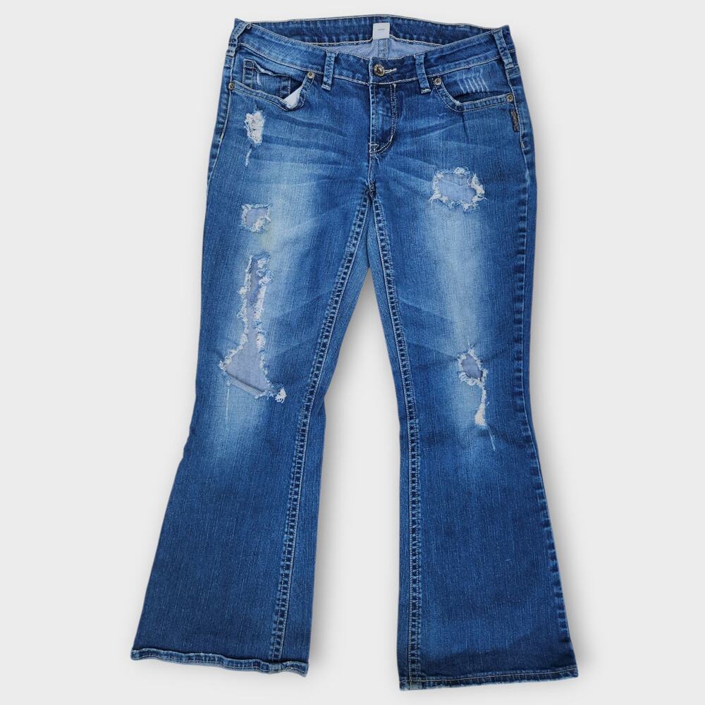 Silver jeans Aiko Women's 34x29 Blue Denim Distressed Holy Bootcut Med-Wash